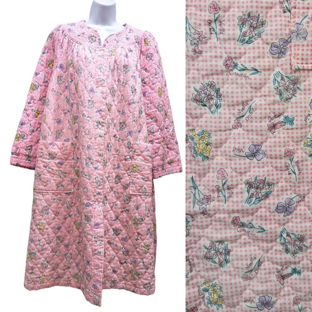 VTG Leisure Life Quilted Floral Robe‎ Housecoat Pockets Snap Up Pink Size L?
